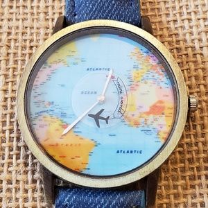 NWOT denim look watch with continents
